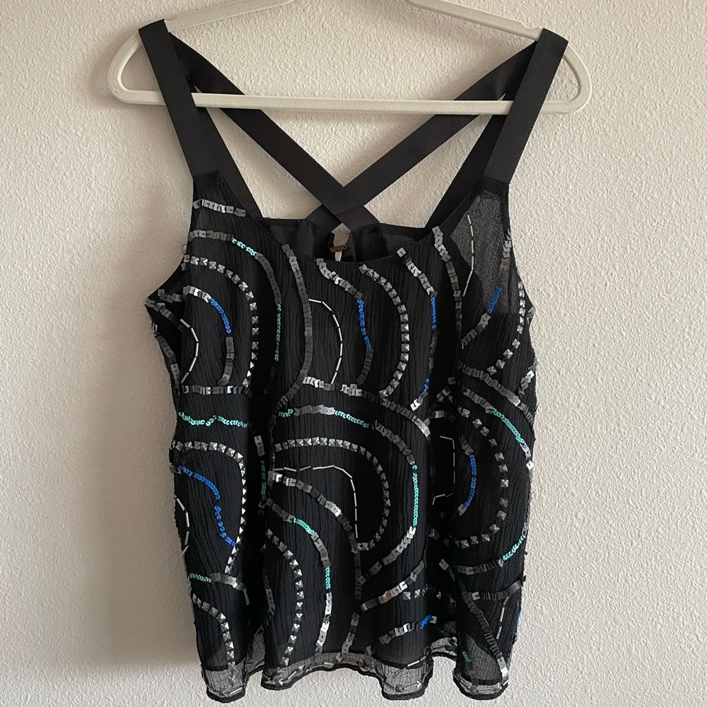 NWT Free People Tank Top Sequins Criss-Cross Women’s Medium Black Bedazzled